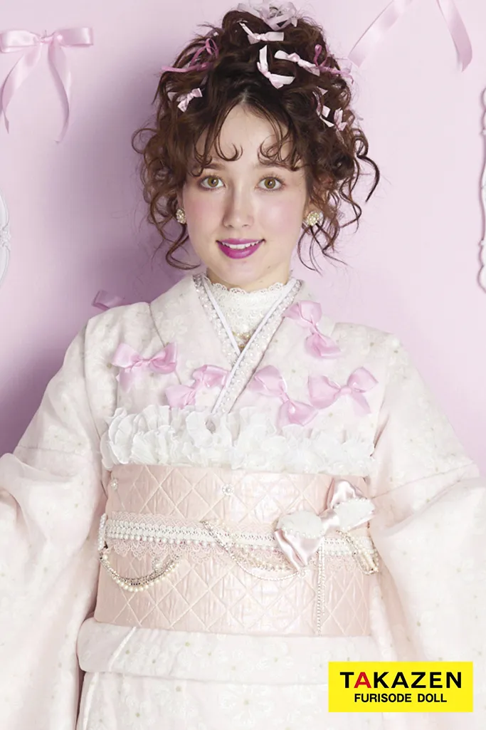 最新作ヘップバーンキュート　ピンク　リボン付き　オーガンジー/レース　一番かわいい　ガーリー　レースインナー　洋風　姫系振袖ネットレンタル　周防ジゼル　27013