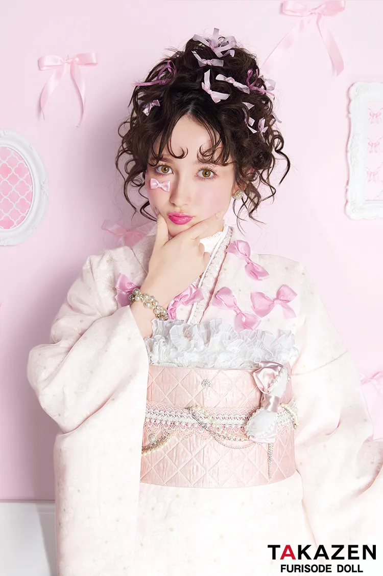 最新作ヘップバーンキュート　ピンク　リボン付き　オーガンジー/レース　一番かわいい　ガーリー　レースインナー　洋風　姫系振袖ネットレンタル　周防ジゼル　27013