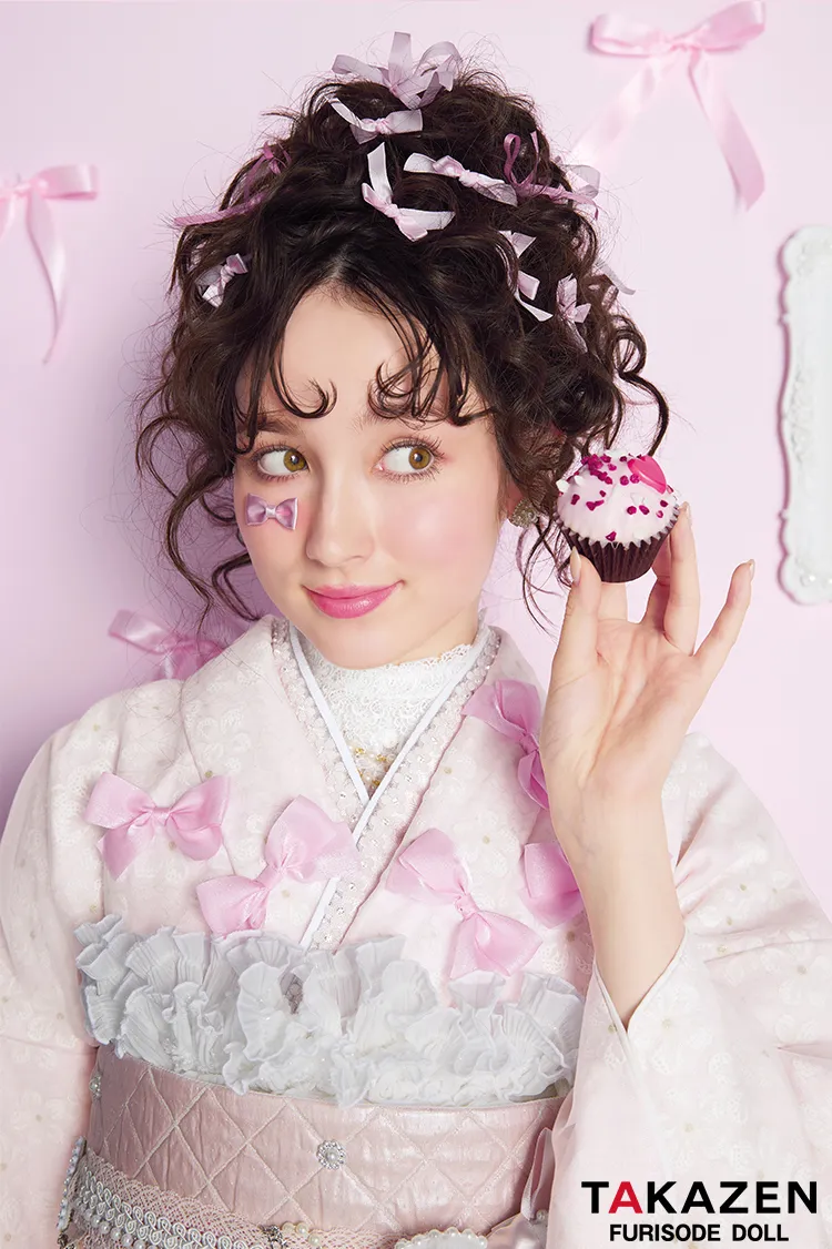 最新作ヘップバーンキュート　ピンク　リボン付き　オーガンジー/レース　一番かわいい　ガーリー　レースインナー　洋風　姫系振袖ネットレンタル　周防ジゼル　27013