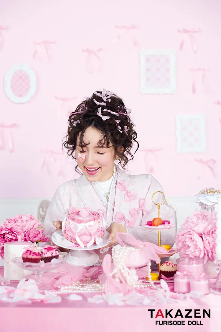 最新作ヘップバーンキュート　ピンク　リボン付き　オーガンジー/レース　一番かわいい　ガーリー　レースインナー　洋風　姫系振袖ネットレンタル　周防ジゼル　27013