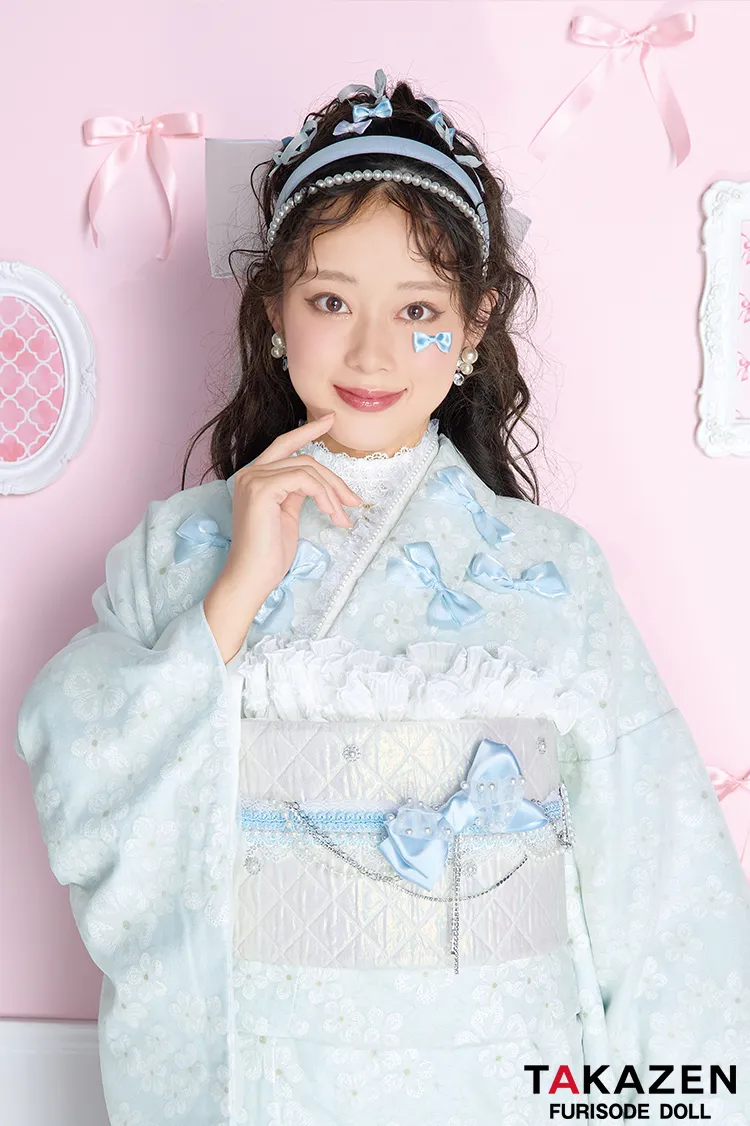 最新作キュート＆ガーリー　水色　リボン付き　オーガンジー/レース　一番かわいい　レースインナー　洋風　姫系振袖ネットレンタル　佐藤不二子　27014