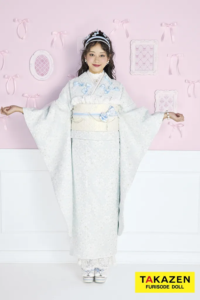 最新作キュート＆ガーリー　水色　リボン付き　オーガンジー/レース　一番かわいい　レースインナー　洋風　姫系振袖ネットレンタル　佐藤不二子　27014