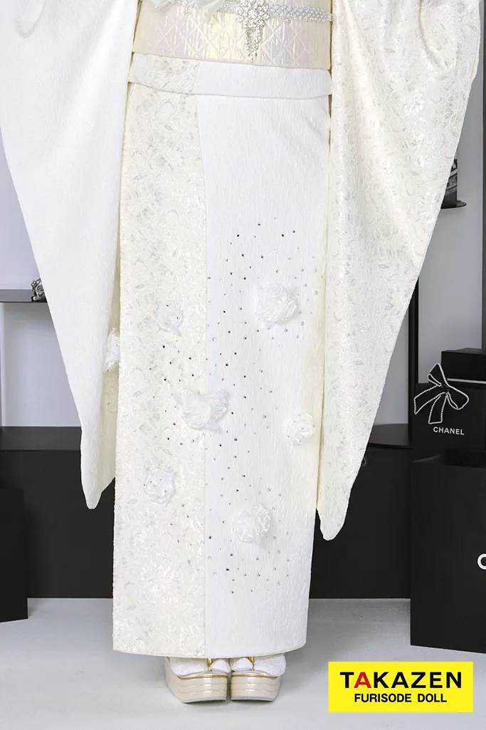 最新作ヘップバーンシュシュ　白/オールホワイトコーデ　お花付き　ジャガード生地/レース　一番かわいい　ワンホンスタイル　レースインナー　キラキラ　伊藤桃々【通販可】27015