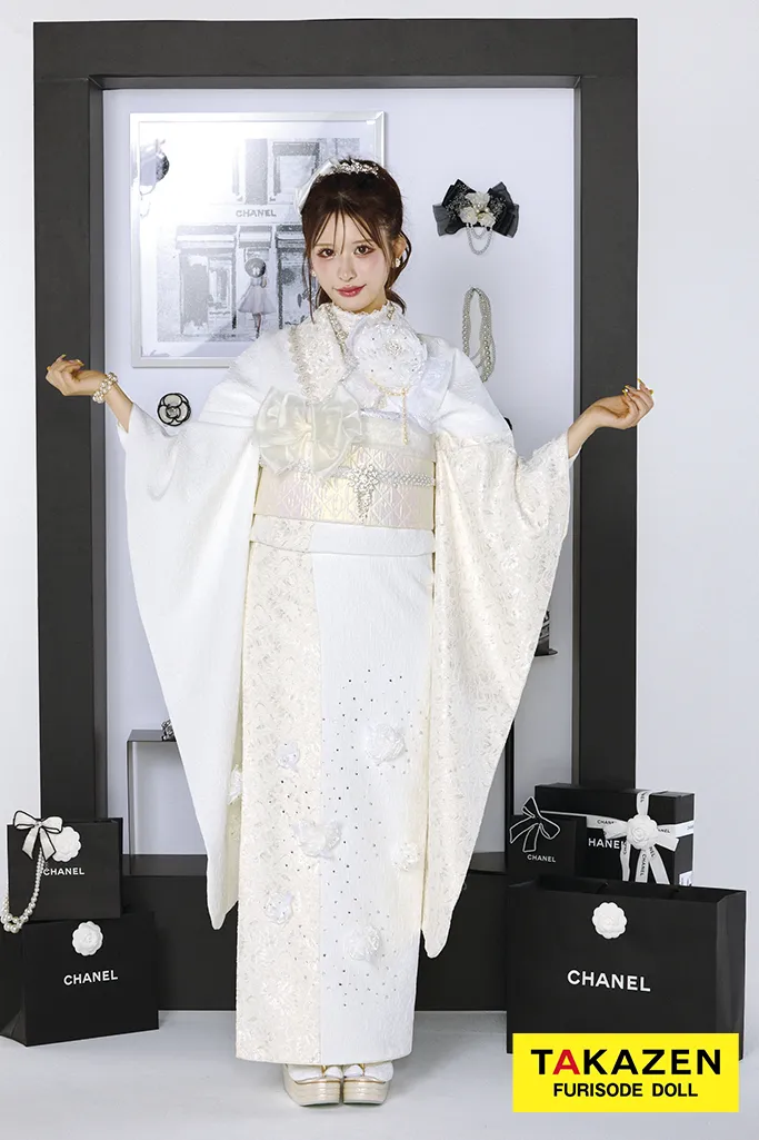 最新作ヘップバーンシュシュ　白/オールホワイトコーデ　お花付き　ジャガード生地/レース　一番かわいい　ワンホンスタイル　レースインナー　キラキラ　伊藤桃々【通販可】27015