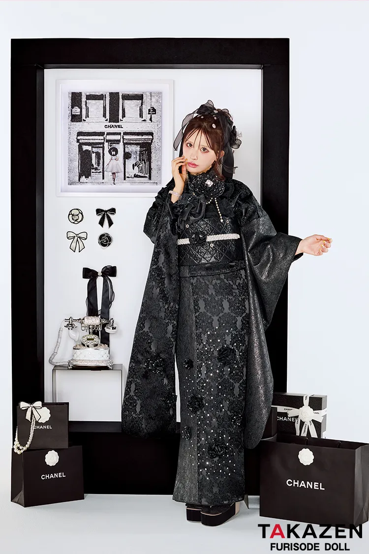 最新作ヘップバーンシュシュ　黒/オールブラックコーデ　お花付き　ジャガード生地/レース　ワンホンスタイル　ゴージャス　レースインナー　キラキラ　伊藤桃々　27016