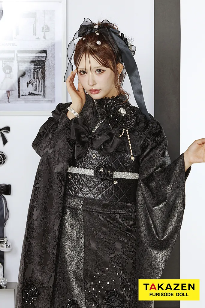 最新作ヘップバーンシュシュ　黒/オールブラックコーデ　お花付き　ジャガード生地/レース　ワンホンスタイル　ゴージャス　レースインナー　キラキラ　伊藤桃々　27016
