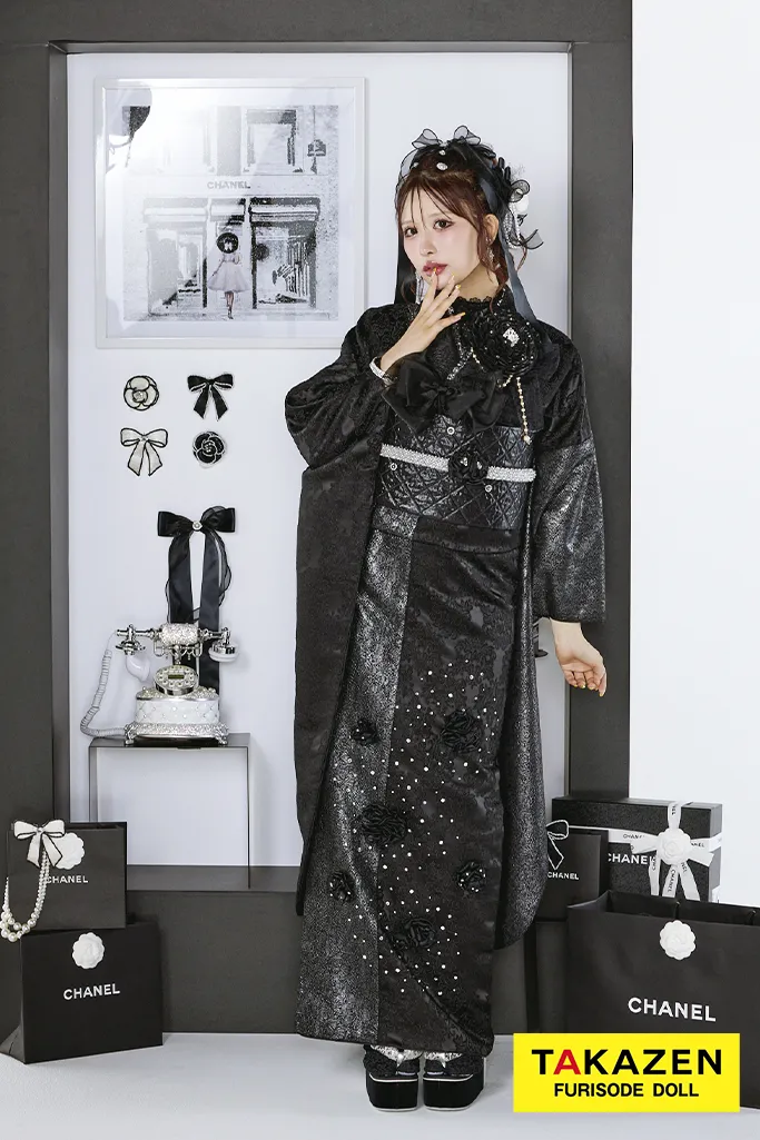 最新作ヘップバーンシュシュ　黒/オールブラックコーデ　お花付き　ジャガード生地/レース　ワンホンスタイル　ゴージャス　レースインナー　キラキラ　伊藤桃々　27016