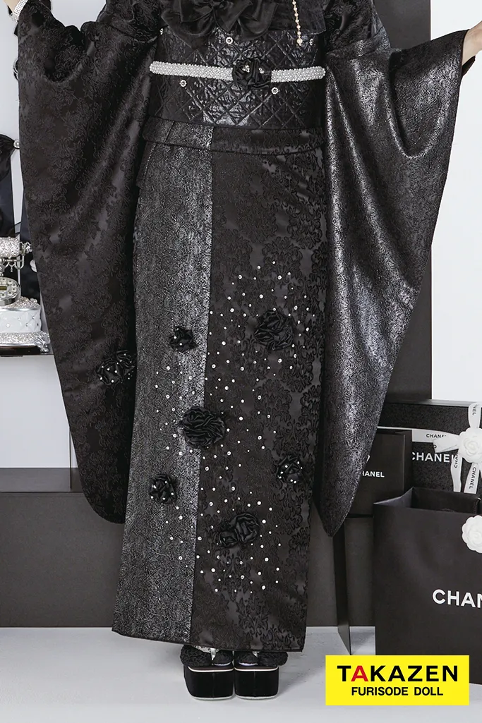 最新作ヘップバーンシュシュ　黒/オールブラックコーデ　お花付き　ジャガード生地/レース　ワンホンスタイル　ゴージャス　レースインナー　キラキラ　伊藤桃々　27016