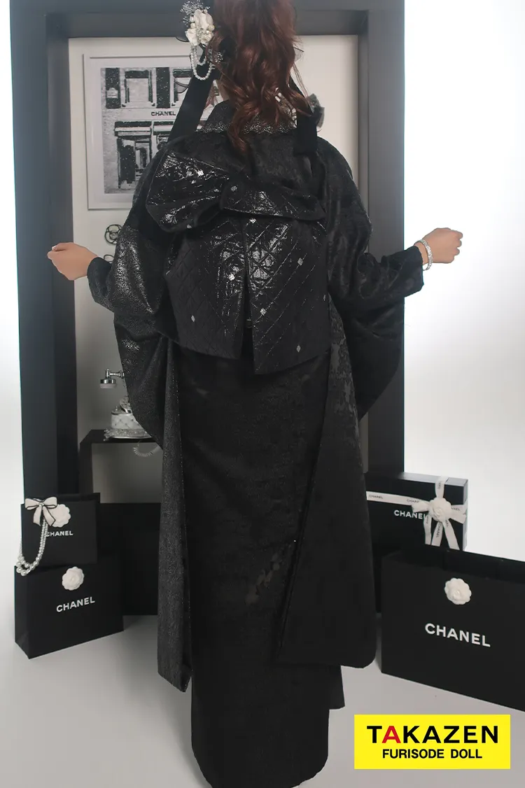 最新作ヘップバーンシュシュ　黒/オールブラックコーデ　お花付き　ジャガード生地/レース　ワンホンスタイル　ゴージャス　レースインナー　キラキラ　伊藤桃々　27016