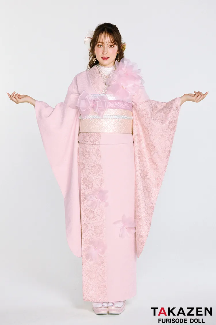 最新作ヘップバーンシュシュ　ピンク　シフォンフラワー　ジャガード生地/レース　ワンホンスタイル　かわいい　レースインナー　人と被らない振袖ネットレンタル　周防ジゼル　27017