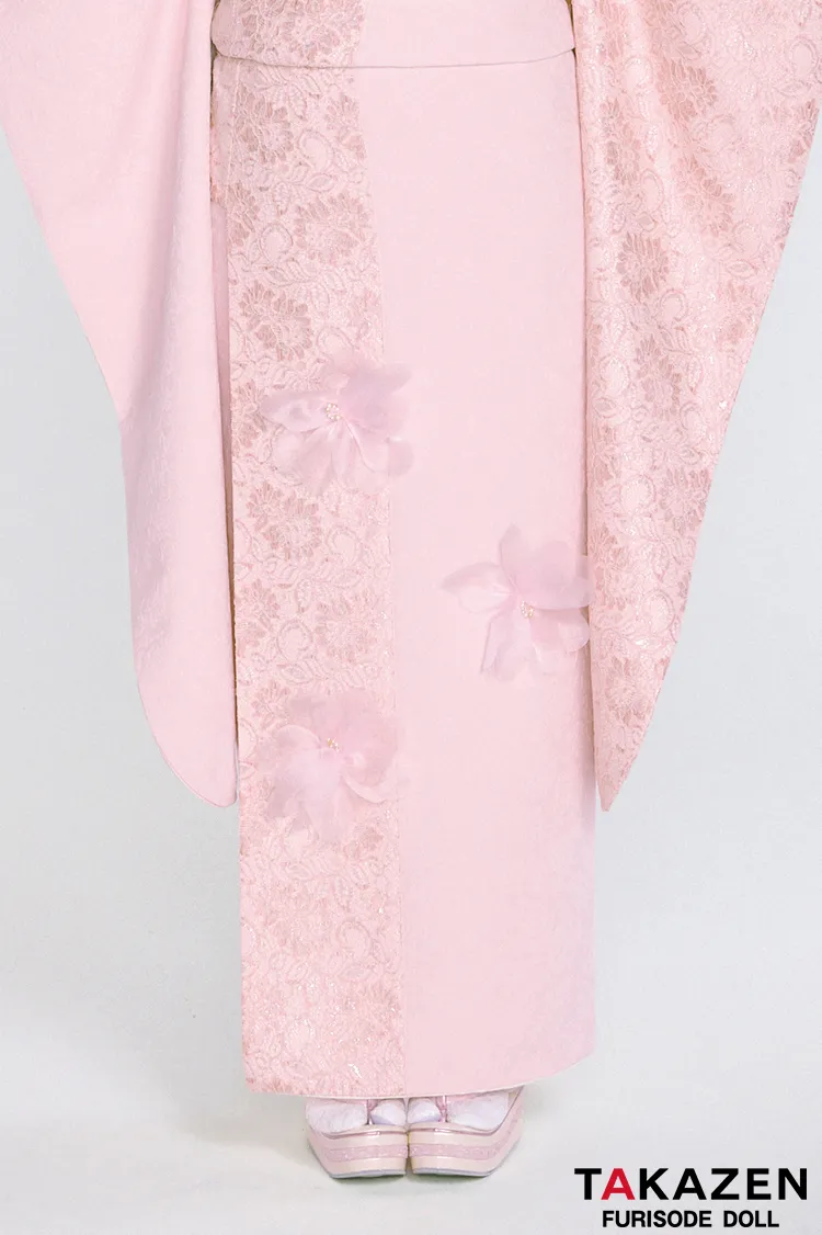 最新作ヘップバーンシュシュ　ピンク　シフォンフラワー　ジャガード生地/レース　ワンホンスタイル　かわいい　レースインナー　人と被らない振袖ネットレンタル　周防ジゼル　27017