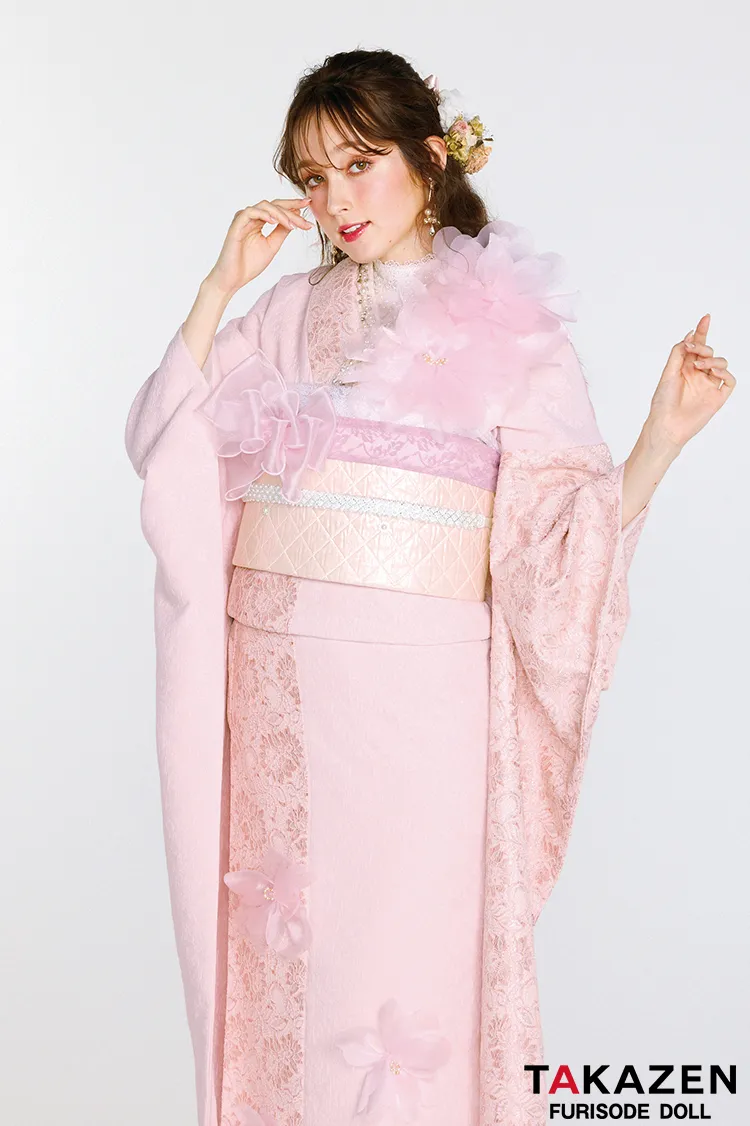 最新作ヘップバーンシュシュ　ピンク　シフォンフラワー　ジャガード生地/レース　ワンホンスタイル　かわいい　レースインナー　人と被らない振袖ネットレンタル　周防ジゼル　27017