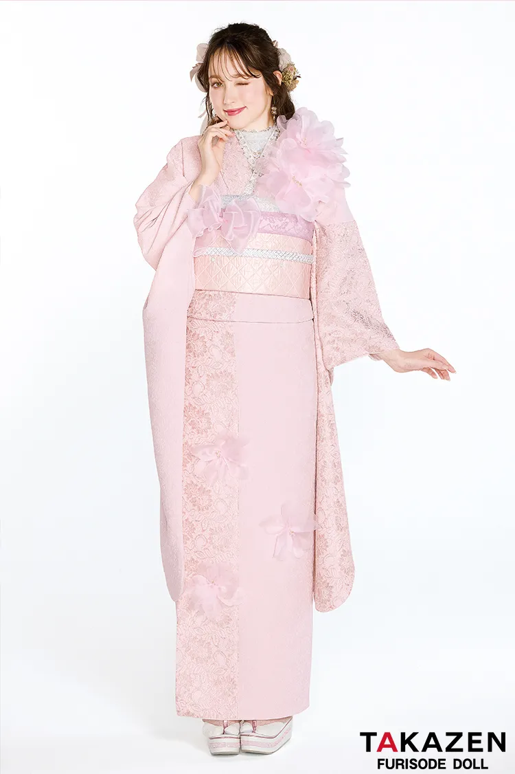 最新作ヘップバーンシュシュ　ピンク　シフォンフラワー　ジャガード生地/レース　ワンホンスタイル　かわいい　レースインナー　人と被らない振袖ネットレンタル　周防ジゼル　27017