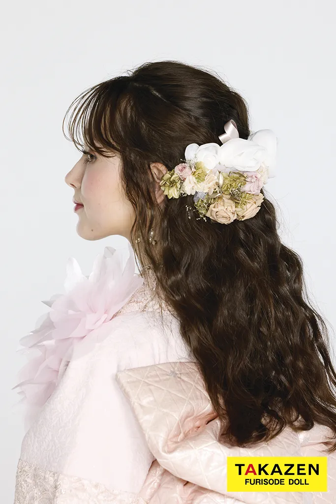 最新作ヘップバーンシュシュ　ピンク　シフォンフラワー　ジャガード生地/レース　ワンホンスタイル　かわいい　レースインナー　人と被らない振袖ネットレンタル　周防ジゼル　27017