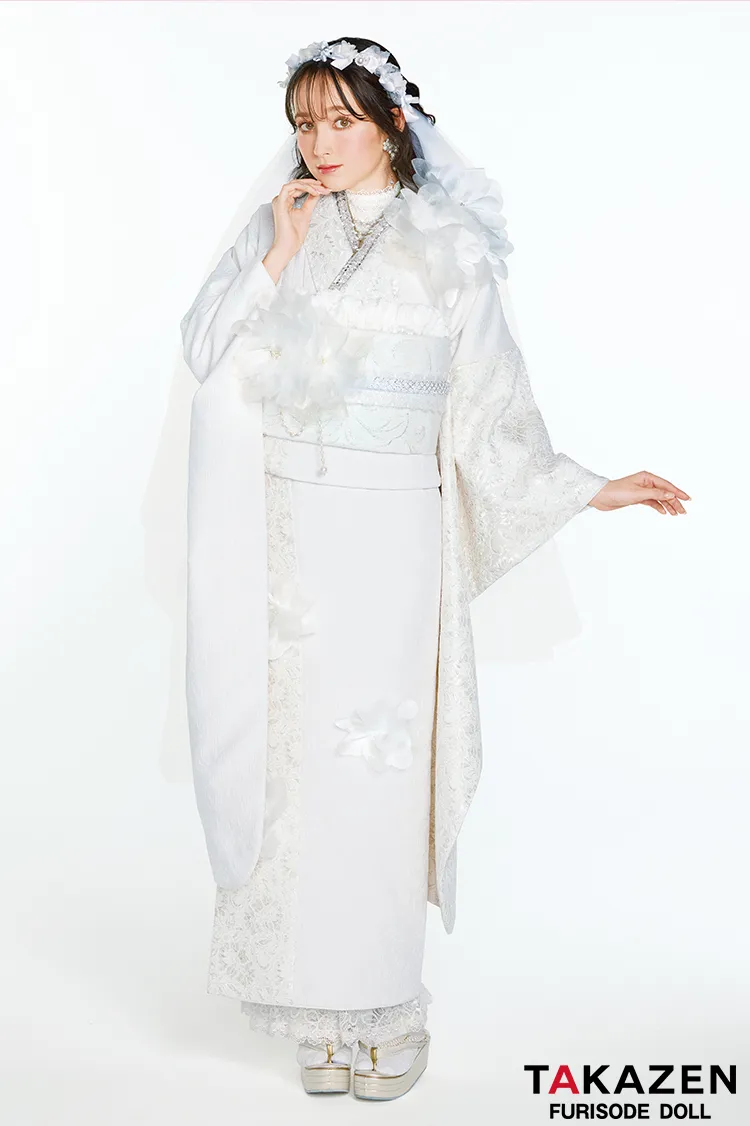 最新作ヘップバーンシュシュ　白/オールホワイトコーデ　シフォンフラワー　ジャガード生地/レース　ワンホンスタイル　おしゃれな振袖　レースインナー　人と被らない振袖ネットレンタル　周防ジゼル　27018