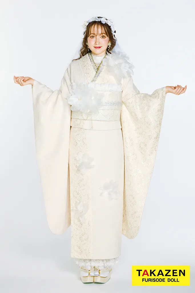 最新作ヘップバーンシュシュ　白/オールホワイトコーデ　シフォンフラワー　ジャガード生地/レース　ワンホンスタイル　おしゃれな振袖　レースインナー　人と被らない振袖ネットレンタル　周防ジゼル　27018