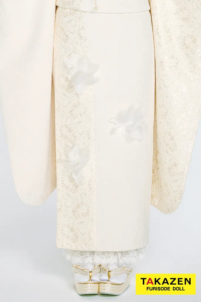 最新作ヘップバーンシュシュ　白/オールホワイトコーデ　シフォンフラワー　ジャガード生地/レース　ワンホンスタイル　おしゃれな振袖　レースインナー　人と被らない振袖ネットレンタル　周防ジゼル　27018