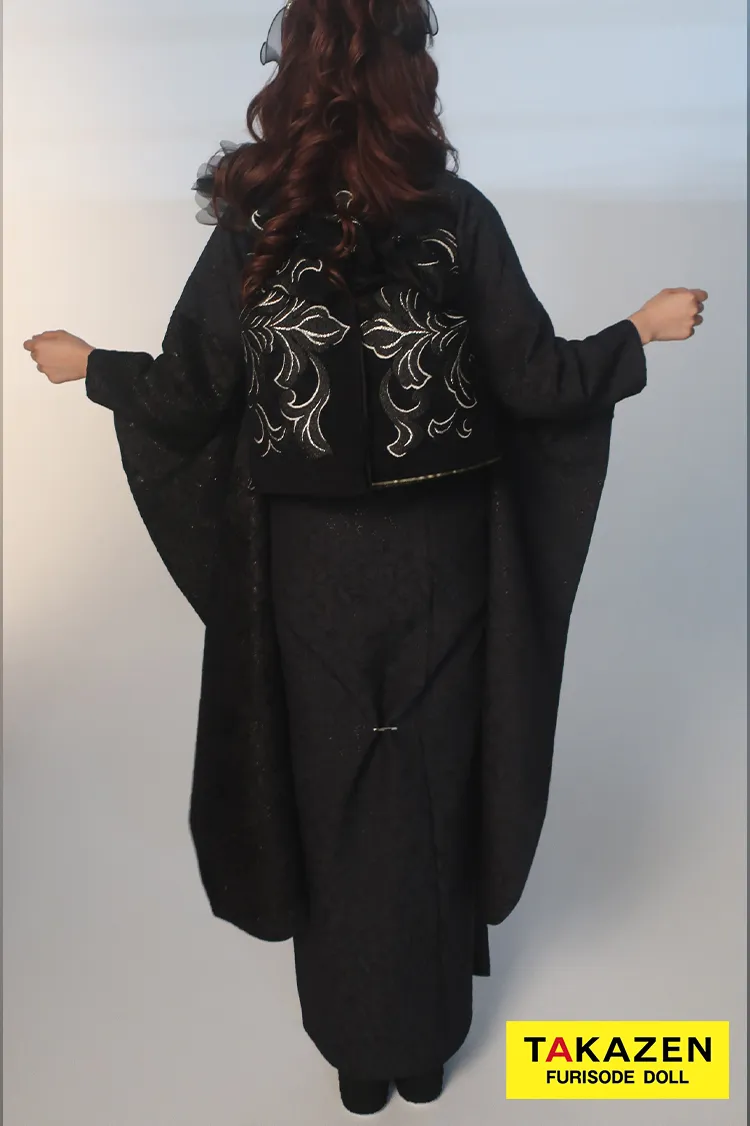 最新作ヘップバーンシュシュ　黒/オールブラックコーデ　シフォンフラワー　ジャガード生地/レース　ワンホンスタイル　わがまま　レースインナー　誰とも被らない振袖ネットレンタル　伊藤桃々　27019