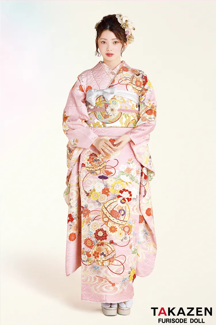 最新作正統派古典　ピンク　鞠柄/和柄　かわいい　はんなり　上品　きれいめ　王道　TAKAZENオリジナルカラー振袖ネットレンタル　南琴奈　27020