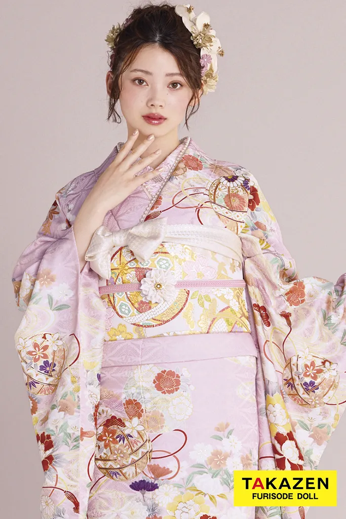 最新作正統派古典　ピンク　鞠柄/和柄　かわいい　はんなり　上品　きれいめ　王道　TAKAZENオリジナルカラー振袖ネットレンタル　南琴奈　27020
