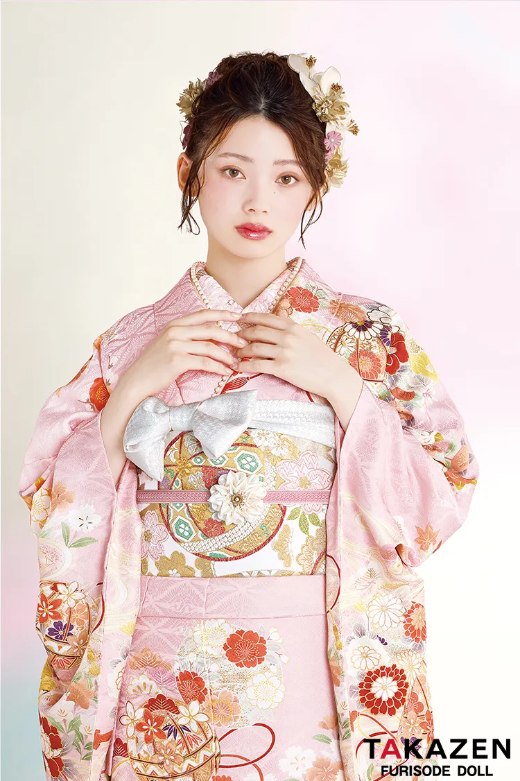 最新作正統派古典　ピンク　鞠柄/和柄　かわいい　はんなり　上品　きれいめ　王道　TAKAZENオリジナルカラー振袖ネットレンタル　南琴奈　27020