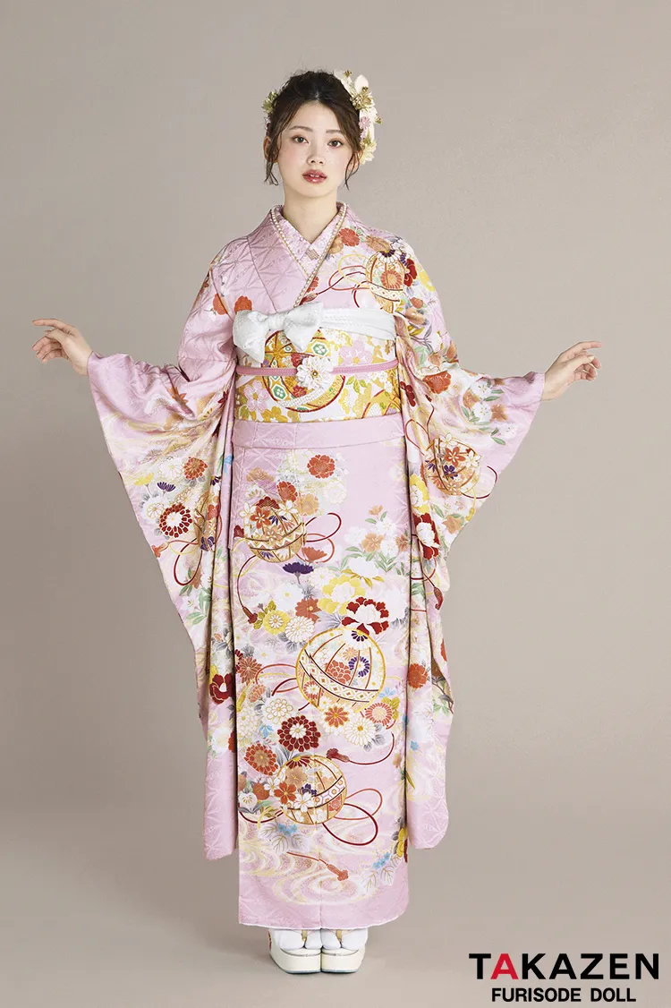最新作正統派古典　ピンク　鞠柄/和柄　かわいい　はんなり　上品　きれいめ　王道　TAKAZENオリジナルカラー振袖ネットレンタル　南琴奈　27020