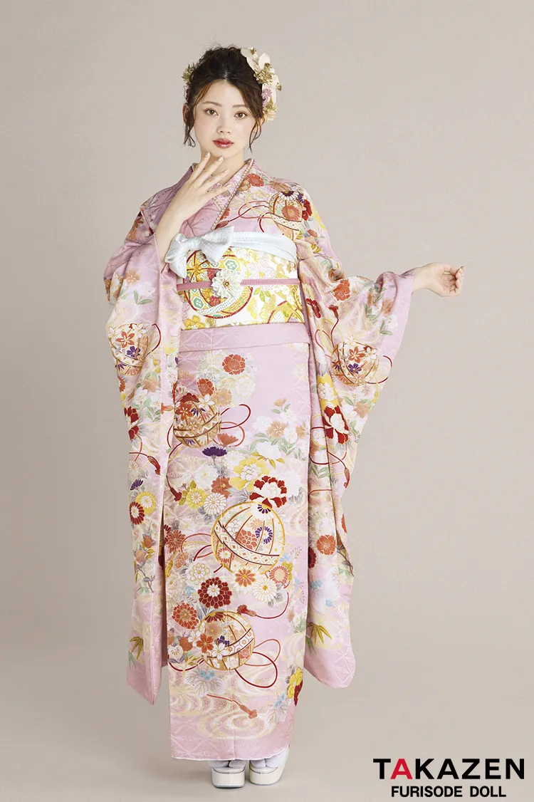 最新作正統派古典　ピンク　鞠柄/和柄　かわいい　はんなり　上品　きれいめ　王道　TAKAZENオリジナルカラー振袖ネットレンタル　南琴奈　27020