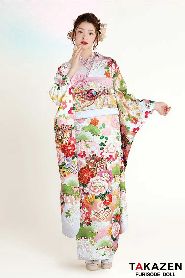 正統派古典　白/ピンク　御所車柄/牡丹柄　吉澤織物/最高級金彩手描友禅　上品　きれいめ　かわいい　清楚　柄小さめ振袖ネットレンタル　南琴奈　25057