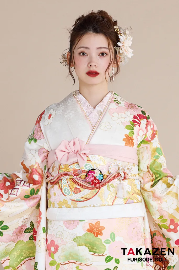 正統派古典　白/ピンク　御所車柄/牡丹柄　吉澤織物/最高級金彩手描友禅　上品　きれいめ　かわいい　清楚　柄小さめ振袖ネットレンタル　南琴奈　25057