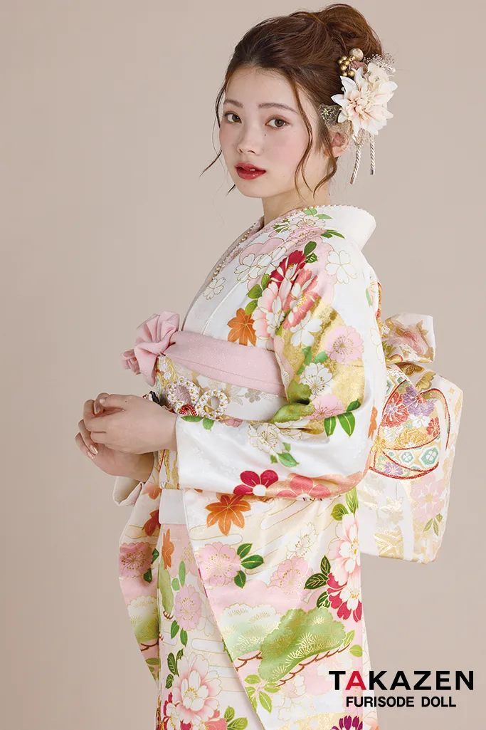 正統派古典　白/ピンク　御所車柄/牡丹柄　吉澤織物/最高級金彩手描友禅　上品　きれきめ　かわいい　清楚　柄小さめ振袖ネットレンタル　南琴奈　25057