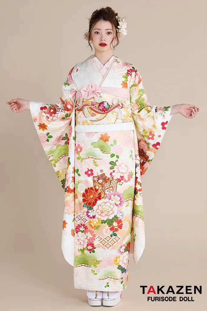 正統派古典　白/ピンク　御所車柄/牡丹柄　吉澤織物/最高級金彩手描友禅　上品　きれいめ　かわいい　清楚　柄小さめ振袖ネットレンタル　南琴奈　25057