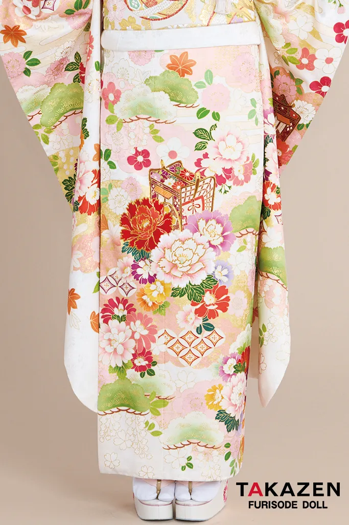 正統派古典　白/ピンク　御所車柄/牡丹柄　吉澤織物/最高級金彩手描友禅　上品　きれいめ　かわいい　清楚　柄小さめ振袖ネットレンタル　南琴奈　25057