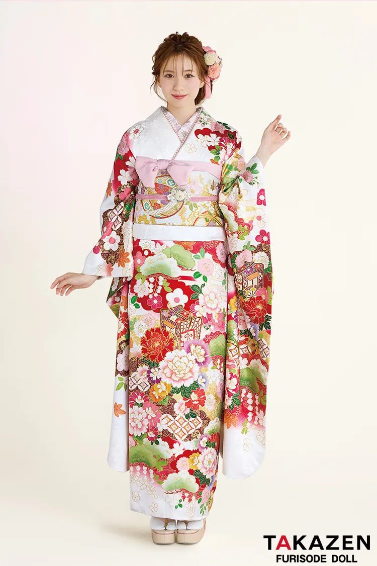 正統派古典　白/赤　御所車柄/牡丹柄　吉澤織物/最高級金彩手描友禅　おしとやか　はんなり　上品　高級振袖ネットレンタル　白宮みずほ　26016