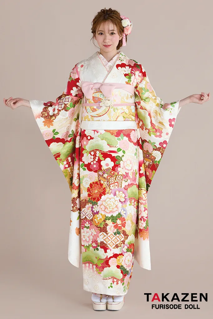 正統派古典　白/赤　御所車柄/牡丹柄　吉澤織物/最高級金彩手描友禅　おしとやか　はんなり　上品　高級振袖ネットレンタル　白宮みずほ　26016