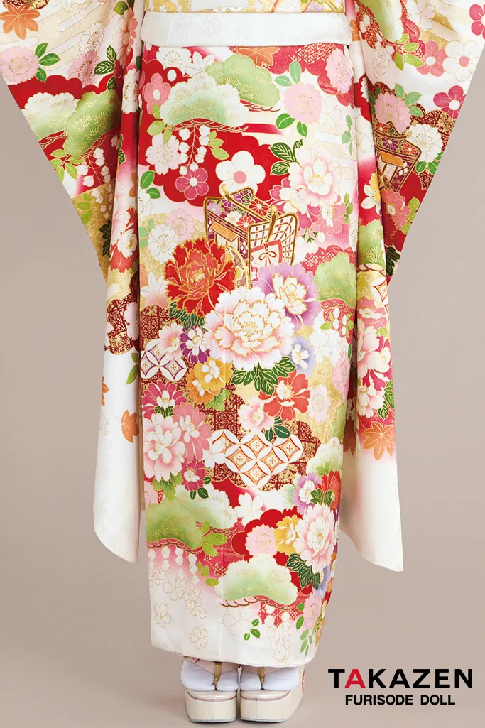 正統派古典　白/赤　御所車柄/牡丹柄　吉澤織物/最高級金彩手描友禅　おしとやか　はんなり　上品　高級振袖ネットレンタル　白宮みずほ　26016