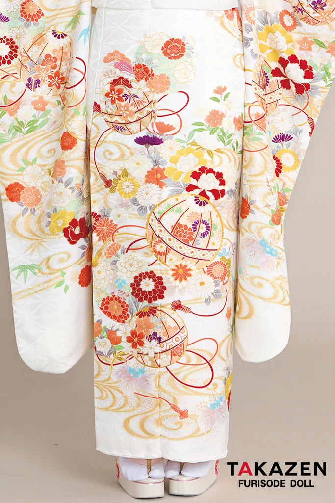 最新作正統派古典　白/白ベース　鞠柄/流水模様　王道　かわいい　綺麗　はんなり　上品　大人っぽい　清楚系振袖ネットレンタル　村上なずな　27022