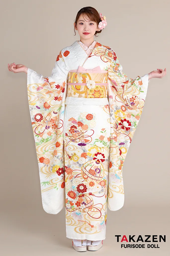 最新作正統派古典　白/白ベース　鞠柄/流水模様　王道　かわいい　綺麗　はんなり　上品　大人っぽい　清楚系振袖ネットレンタル　村上なずな　27022