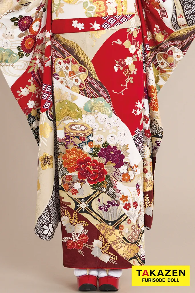 正統派古典 赤/白 貝桶柄/牡丹柄 金彩金駒刺繍京友禅 定番 上品 綺麗
