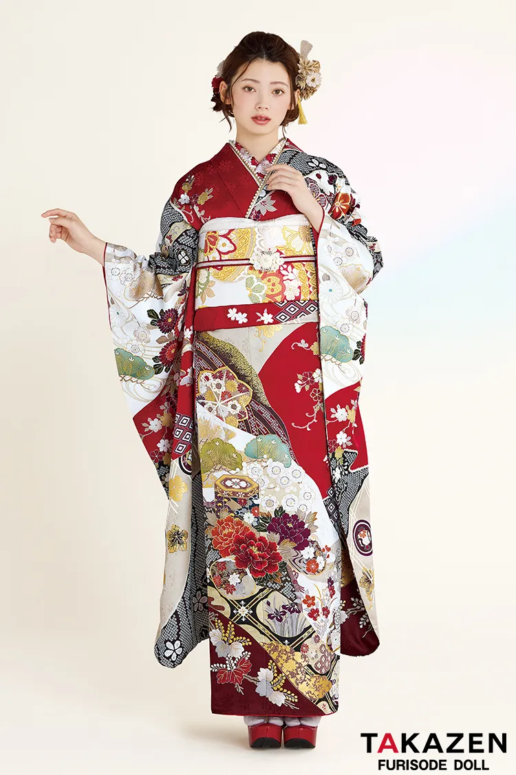 正統派古典 赤/白 貝桶柄/牡丹柄 金彩金駒刺繍京友禅 定番 上品 綺麗