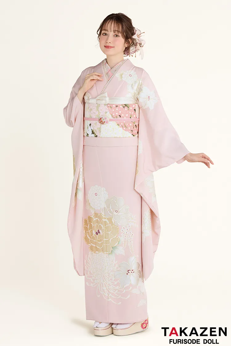 正統派古典　ピンク/淡い色　牡丹柄　吉澤織物/最高級金彩手描友禅　シンプル　すっきり　柄少なめ振袖　はんなり　上品な振袖ネットレンタル　南琴奈　26017
