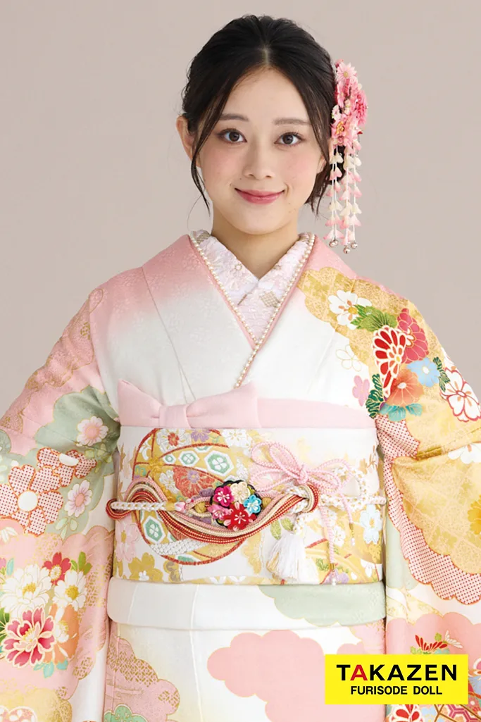 正統派古典柄振袖 吉澤織物/最高級金彩手描友禅 白/ピンク 菊柄/貝桶柄