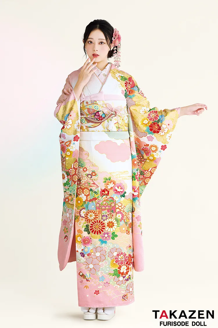 正統派古典柄振袖　吉澤織物/最高級金彩手描友禅　白/ピンク　菊柄/貝桶柄　はんなりかわいい　清楚　おしとやか振袖ネットレンタル　佐藤不二子　23026
