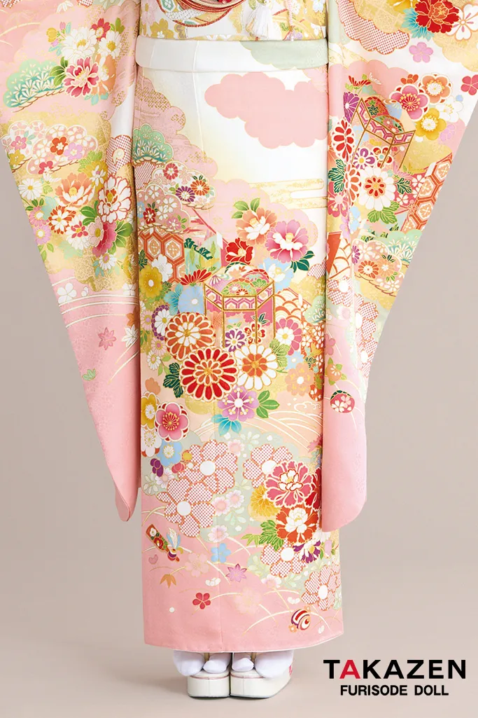 正統派古典柄振袖 吉澤織物/最高級金彩手描友禅 白/ピンク 菊柄/貝桶柄
