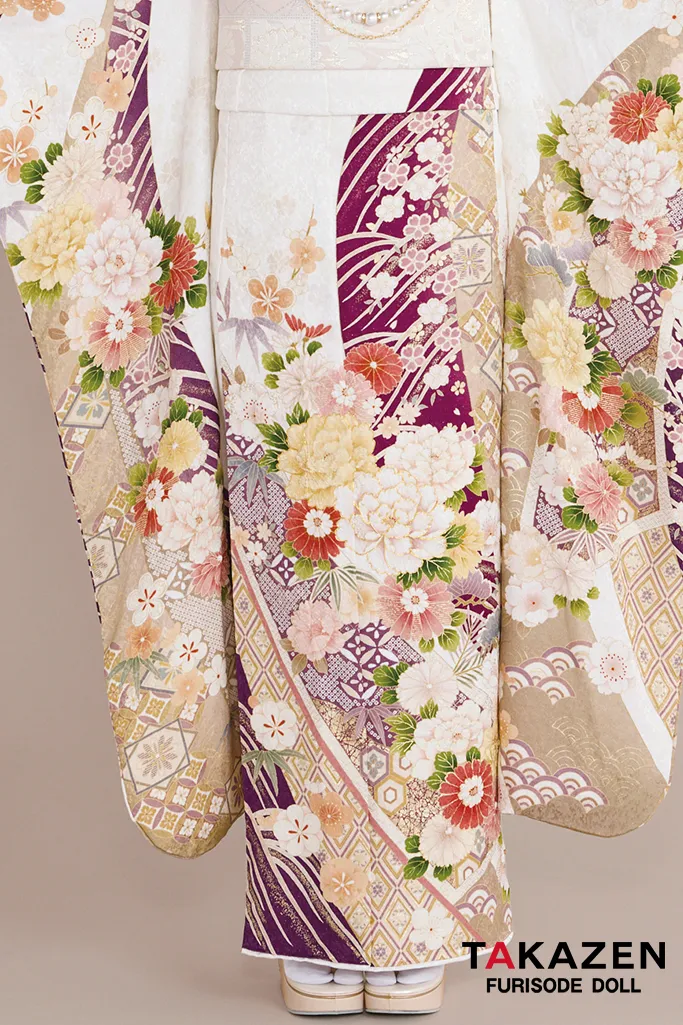 最新作正統派古典　白地/紫　牡丹柄/鹿の子模様　大人っぽい　綺麗　上品　華やか　清楚系振袖ネットレンタル　白宮みずほ　27023