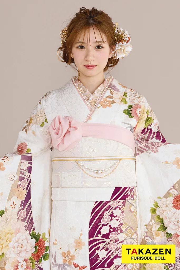 最新作正統派古典　白地/紫　牡丹柄/鹿の子模様　大人っぽい　綺麗　上品　華やか　清楚系振袖ネットレンタル　白宮みずほ　27023