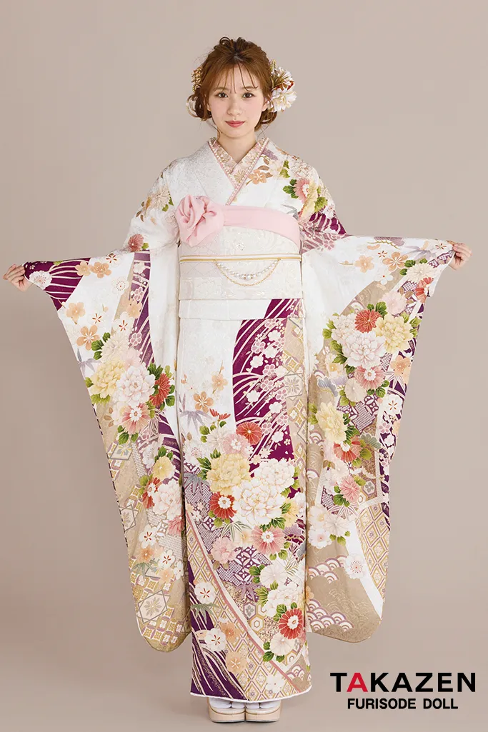 最新作正統派古典　白地/紫　牡丹柄/鹿の子模様　大人っぽい　綺麗　上品　華やか　清楚系振袖ネットレンタル　白宮みずほ　27023