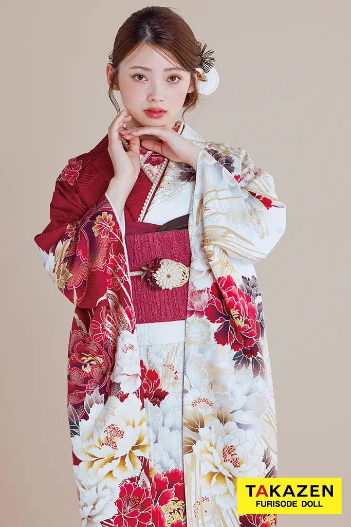 最新作正統派古典　白赤　牡丹柄/大柄　大人っぽい　きれいめ　上品　豪華　清楚系振袖ネットレンタル　南琴奈　27024