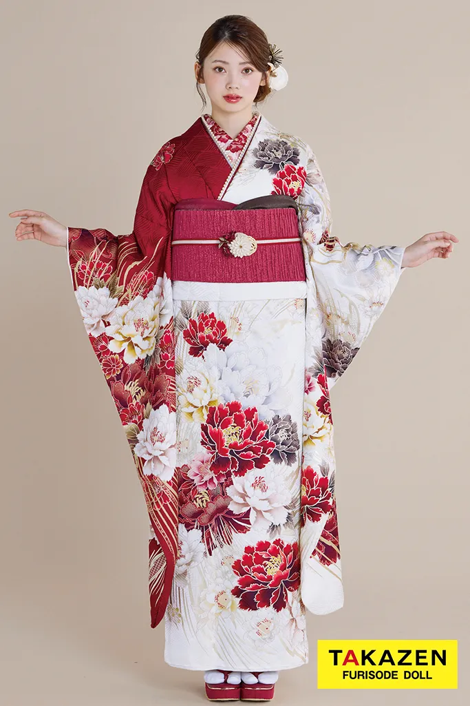 最新作正統派古典　白赤　牡丹柄/大柄　大人っぽい　きれいめ　上品　豪華　清楚系振袖ネットレンタル　南琴奈　27024