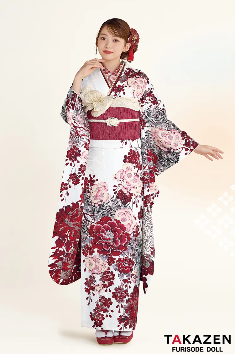 正統派古典　華徒然×吉木千沙都　白/赤　牡丹柄　人気　FURISODE DOLLオリジナルカラー　綺麗　お洒落　大人っぽい　村上なずな　26019