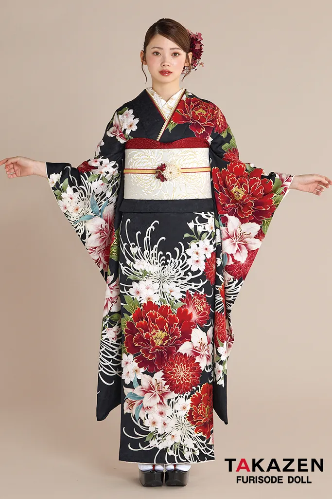 最新作正統派古典　黒/赤　乱菊柄　かっこいい　大人っぽい　Kamishibai Story of anoブランド振袖　きれいめ振袖ネットレンタル　南琴奈　27025